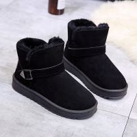 时尚情侣雪地靴冬季新款皮带扣手工上线加绒保暖皮毛一体户外短靴 黑色 36 标准码