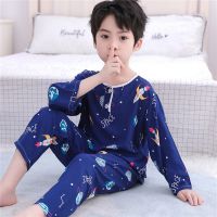 1-15岁夏季绵绸儿童睡衣套装棉绸男童女童小孩宝宝睡衣薄款家居服 双长星球箭 65码数建议穿90cm