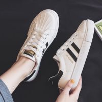 小白鞋女2021春季新款潮皮面贝壳头平底百搭基础透气学生板鞋 黑色(贝壳头) 35 (标准尺码)