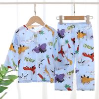 儿童棉绸睡衣夏季薄款男童女童空调服套装宝宝小孩长袖长裤家居服 恐龙乐园 55码[身高65-75CM]