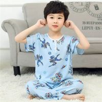 夏季绵绸儿童睡衣男童女童宝宝短袖长裤空调服小孩卡通家居套装 DC蓝擎天柱 65码建议身高85-90CM