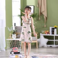 夏季儿童睡衣女仿真丝花边睡裙小孩女吊带裙女宝宝中大通家居服 花边小绿叶 8码90-100cm