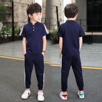 男童夏季冰丝棉套装2021新款麻棉儿童短袖夏装6两件套9男孩大童装 藏青色 110 适合身高100cm以下