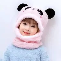 亲子款双层绒儿童帽子围巾一体套装秋冬加厚宝宝保暖围脖套 熊猫[浅粉]帽子围脖款 小童款[适合1-6岁]