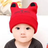 婴儿帽子0-24个月宝宝帽子秋冬保暖睡眠帽新生儿套头帽男女童帽子 猫咪红色