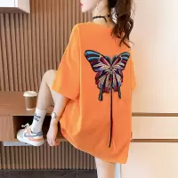 大码女装重工刺绣蝴蝶短袖t恤女2021夏季新款宽松韩版上衣夏装潮 橘色 M(适合80-110斤)