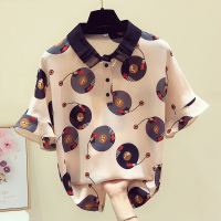 雪纺衫女短袖t恤2021气质洋气小衫印花宽松上衣女夏遮肚子防晒衣 唱片图案 M