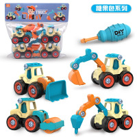 DIY可拆装工程车玩具套装 男孩螺丝组装儿童益智拆卸仿真滑行模型 [糖果色卡头袋]四只全套 送螺丝刀