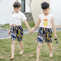 夏小孩人造棉绸海边沙滩裤5分中裤薄款短裤居家睡裤男女儿童同款 深色*1号色 藏青彩条*沙滩裤 100码/身高90cm以下