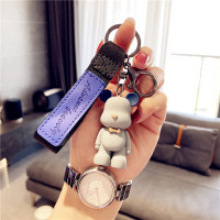 卡通小熊钥匙扣挂件可爱包挂饰钥匙链精致简约皮质钥匙绳吊坠情侣 树脂蓝小熊