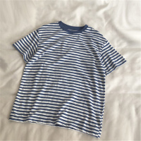 短袖t恤女2021夏季新款韩版ins潮慵懒风条纹海魂衫宽松百搭上衣服 蓝色 M