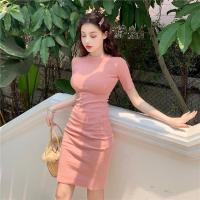 优雅复古连衣裙女2021春夏新款修身百搭中长款短袖包臀A字短裙子 珊瑚少女粉色 均码(160/84A)