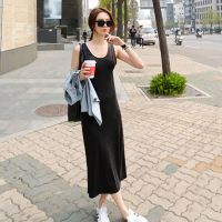 裙子2021年新款春秋季宽松收腰显瘦中长款短袖t恤法式连衣裙女装 背心裙 黑色 S 建议90斤下