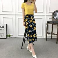 系带一片式半身裙女2021夏矮小个子雪纺一片裙印花中长款沙滩裙子 蓝底黄花 均码[80-140斤][单裙子]
