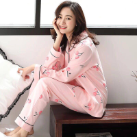 睡衣女秋春季长袖睡衣女人大码开衫长袖长裤冬季月子家居服M-XXL 殷桃粉 M【80-100斤】