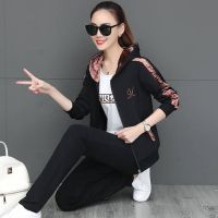 [180斤可穿]含棉t 休闲套装女春秋季2021时尚宽松长袖两/三件套 911#黑色[裤子+外套]两件套 M