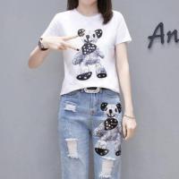 套装/单件 欧洲站春夏季两件套学生卡通T恤上衣+破洞九分牛仔裤女 1#白色小熊T恤[单件] S 建议80-95斤
