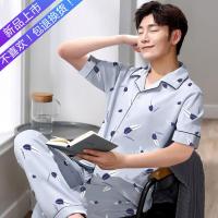 睡衣男夏季短袖棉质夏天男士薄款大码青少年夏天开衫家居服套装 英文羽毛灰色-短袖 L码 建议体重100-120斤