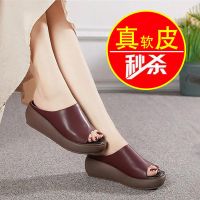 蜻䗴牌女士拖鞋女夏天外出洋气厚底凉拖鞋女2021新款高跟鞋妈妈鞋 棕色 35