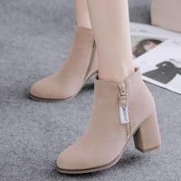 2021大码时装靴女鞋冬女靴高跟鞋裸靴粗跟靴子短靴女中跟春秋单靴 卡其色 34