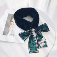 加厚升级版毛领围脖冬韩版百搭豹纹蝴蝶结拼接仿水貂毛飘带毛围巾 墨绿花朵豹纹-毛领黑