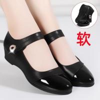 妈妈鞋子2021新款中年真皮软底春秋季坡跟平底单鞋中老年女士皮鞋 黑色 35