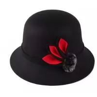 秋冬季女帽呢子毛球盆帽冬季礼帽妈妈帽子韩版时装女帽棉帽冬帽 一朵毛球三叶黑色 一般头围(55-58)