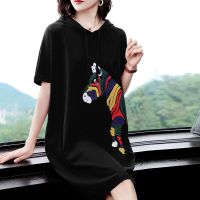 连衣裙女夏2020新款休闲t恤裙子慵懒风胖m宽松大码中长款印花上衣 黑色 S 建议80-100斤