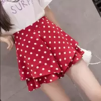 波点短裤女夏2021新款高腰阔腿裙裤女宽松百搭矮个子休闲半身裙裤 红色[后背松紧款] S码(80-95斤)