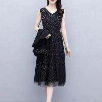 大码女装胖mm套装显瘦黑色西装外套女韩版宽松网纱连衣裙两件套春 黑色连衣裙[单件] L 建议100-120斤