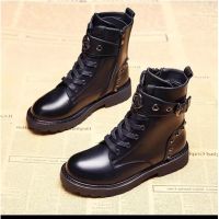 短靴英伦风马丁靴秋冬平底加棉机车马丁靴铆钉百搭韩版学生冬靴子 黑色单里 35 标准码