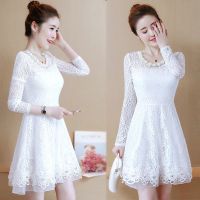 蕾丝连衣裙春秋季圆领收腰中长款修身显瘦镂空气质a字白色蓬蓬裙 白色 S