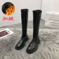 靴子女长靴2020年加绒新款骑士显瘦高筒小个子秋季长筒不过膝靴冬 黑色 H559[舒适短绒] 37