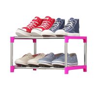 新品 收纳鞋架家庭整理用具大容量鞋架 简易钢管多层多用塑料鞋柜 A款[两层长40宽26高19玫红色]