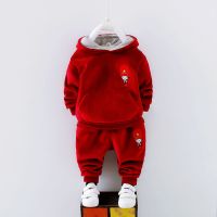0男童装秋冬套装3岁男童女童加绒两件套儿童冬棉衣宝宝加厚冬装潮 红色 RB 小兵双面绒冬装 90码]建议1.5岁左右18