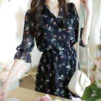 小个子碎花雪纺连衣裙女2021春夏装新款中袖收腰显瘦中长款裙子 藏青色 S 75-90