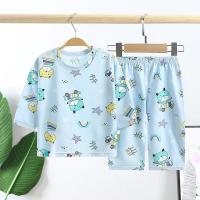夏款冰岛棉儿童家居服套装宝宝睡衣中大童七分袖空调服秋衣裤童装 FB001-蓝色大脸猫 80cm