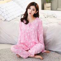 新品棉绸睡衣女夏季薄长袖大码人造棉产后月子服家居服套装空调服 长袖粉色爱心 2XL 建议(118斤-130斤)