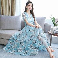 超大码300斤春夏季时尚V领加肥加大连衣裙女洋气宽松印花长裙女潮 蓝色[收藏送礼品优先发货] M [建议90-105斤]