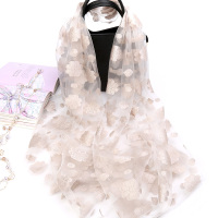 围巾女欧根纱丝巾韩版绣花披肩防晒春夏季沙滩巾长款百搭大纱巾秋 米白[梅花]