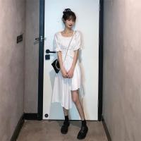 超A甜酷风显瘦不规则连衣裙女春季2021年新款法式复古黑色中长裙 白色短袖款 S