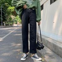 2021春季新款直筒牛仔裤女学生韩版宽松百搭潮流高腰显瘦阔腿长裤 黑色 S