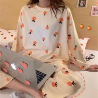 大码长袖睡衣女夏卡通宽松学生可爱睡衣女士春秋季套装休闲家居服 (长袖高品质)宽松橘黄桔子 L 95-110斤