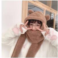 秋冬保暖围巾帽子一体女毛绒冬季小熊耳朵可爱帽子女韩版学生百搭 小耳朵2件套卡其色 均码