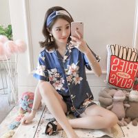 春秋睡衣女士夏季短袖两件套装仿真丝短袖长袖性感可爱家居服薄款 601# 海棠花 短袖短裤 M【建议80-100斤】