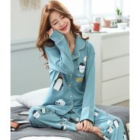 睡衣女春秋季棉长袖套装开衫可爱少女宽松冬天休闲家居服夏可外穿 纯棉-XL5806湛蓝色 M 推荐76斤-96斤