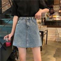 夏季高腰牛仔裙女春季2021年新款显瘦半身裙包臀A字短裙遮胯裙子 蓝色 S