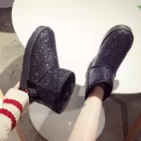 冬季潮亮片短靴平底学生雪地靴加厚短筒棉鞋加绒防水防滑面包女鞋 黑色 偏小一码 36