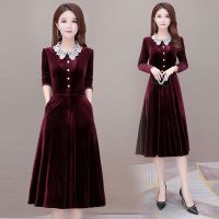金丝绒新款连衣裙春季高端轻奢名媛修身御姐气质女减龄高贵洋气 金丝绒酒红色不加绒 L