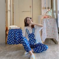 [三件套]睡衣女夏装薄款2021新款仿真丝透气宽松凉快女学生套装 道奇蓝兔子 三件套 M